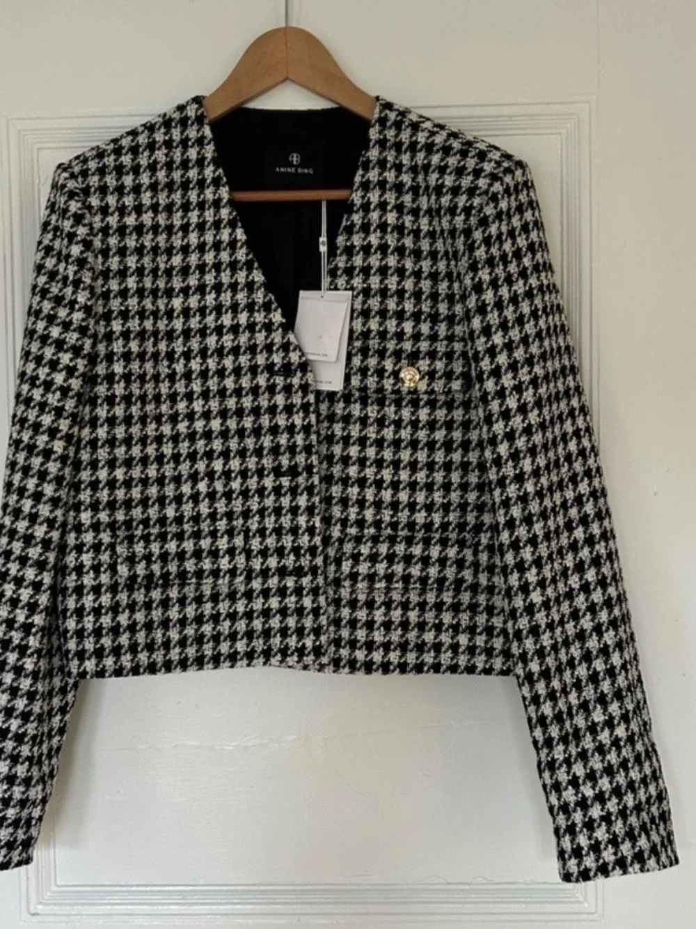 Anine Bing Black & White Houndstooth Cropped Blazer